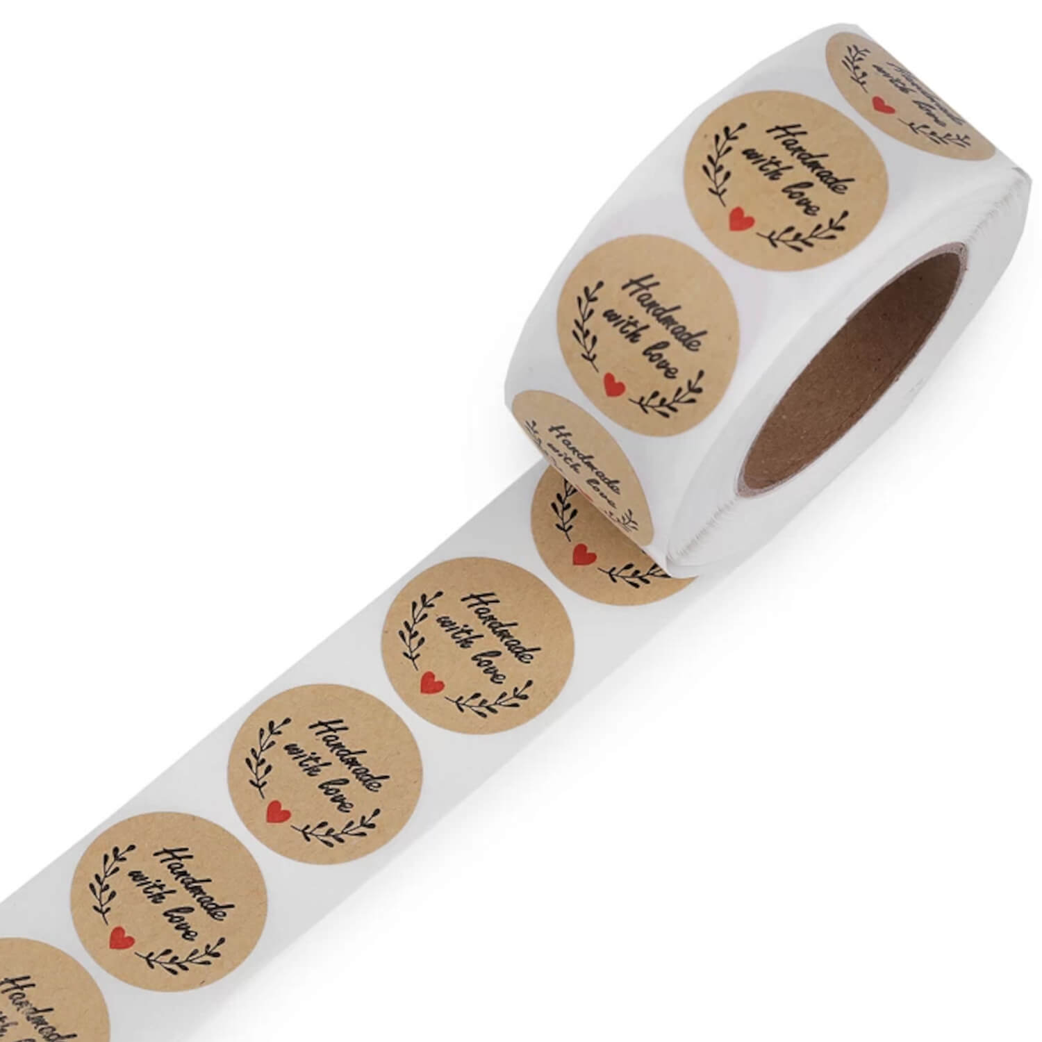 500 Aufkleber "Handmade with love" 25mm Durchmesser - naturbraun